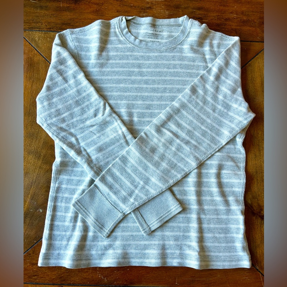 J. Crew Light Gray Striped Long Sleeve Knit Crew Neck Pullover Top, Size Medium